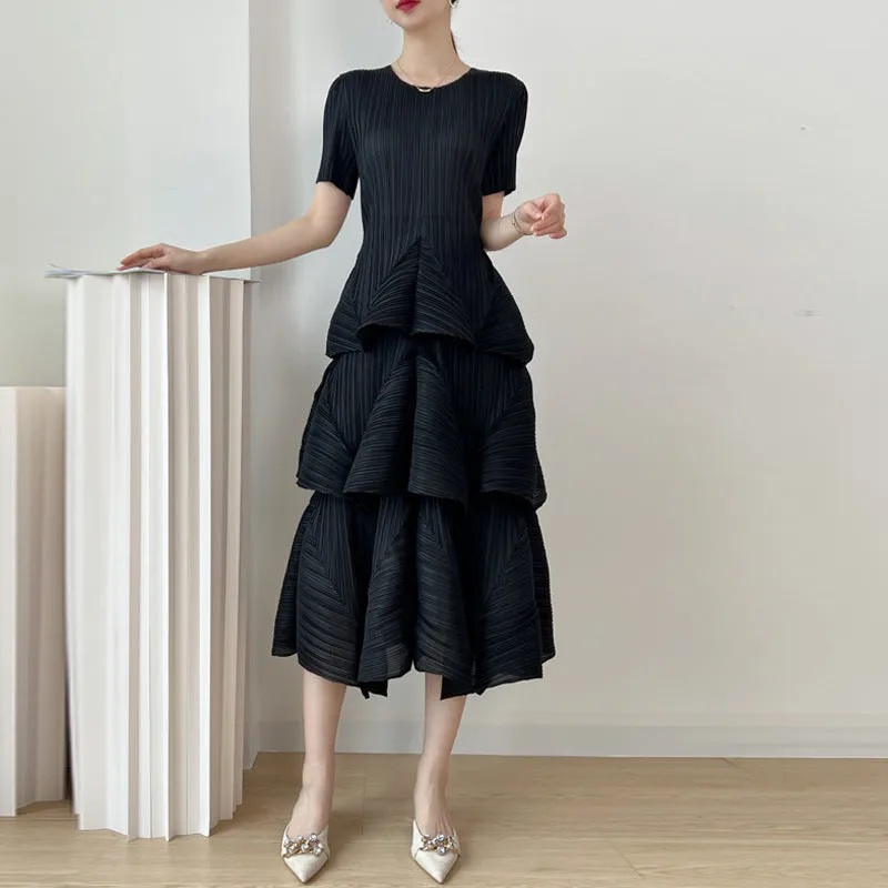 Miyake Pleated Tiered A-Line Midi Dress