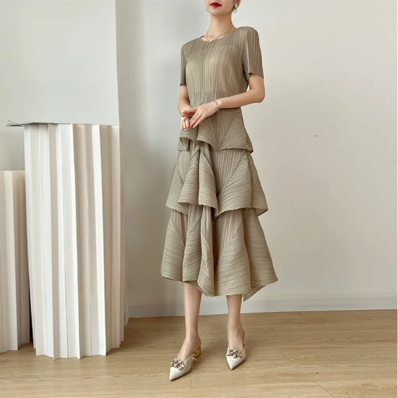 Miyake Pleated Tiered A-Line Midi Dress