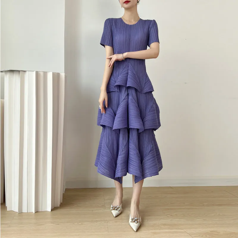 Miyake Pleated Tiered A-Line Midi Dress