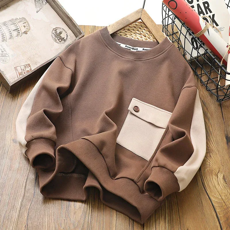 New 2023 Autumn Sweatshirt Boys Patchwork Cotton Pullover Fashion Clothes Tops Spring Big Kids Long Sleeves Coats Fall 4-14 Year