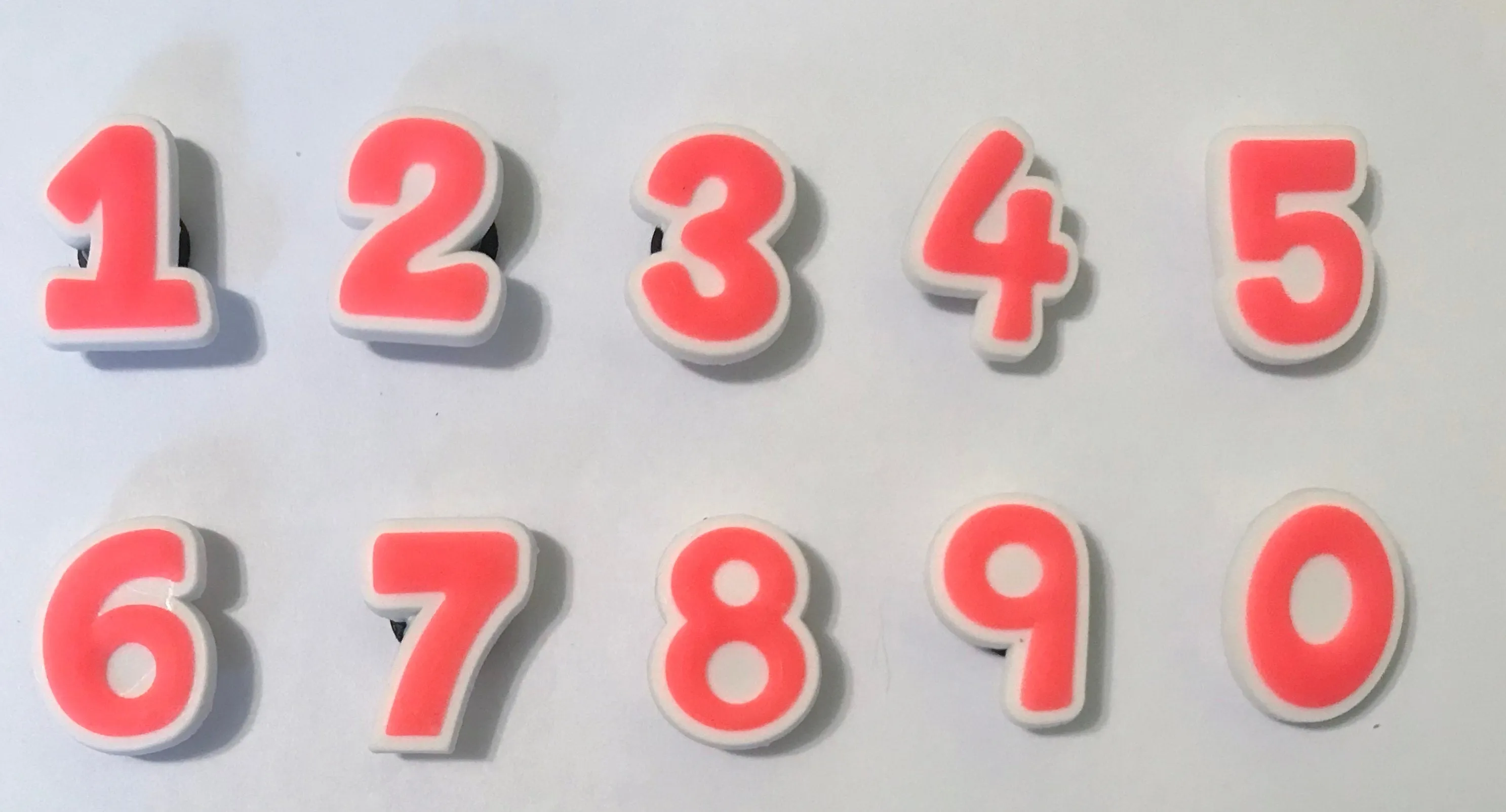 Number shoe charms, neon, florescent, blue, pink, orange, yellow, purple, salmon