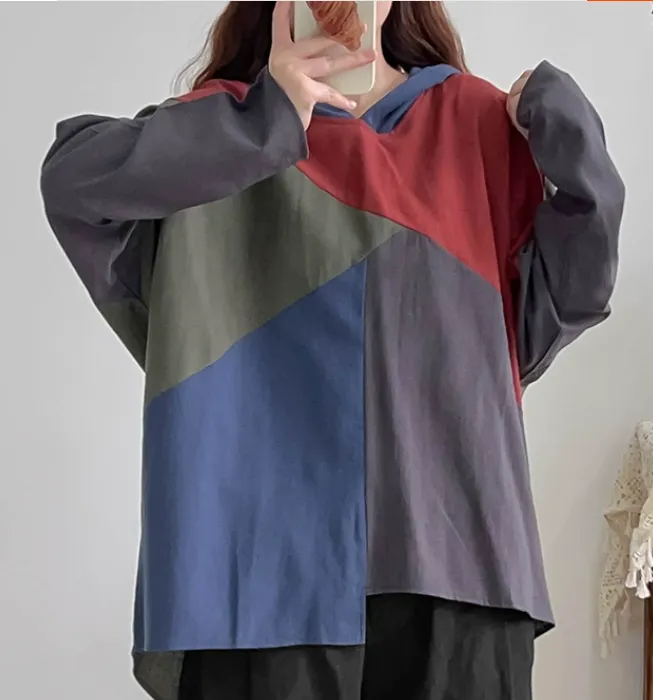 Patchwork Color-Block Women Tops，Artistic Retro Ethnic Top 9506