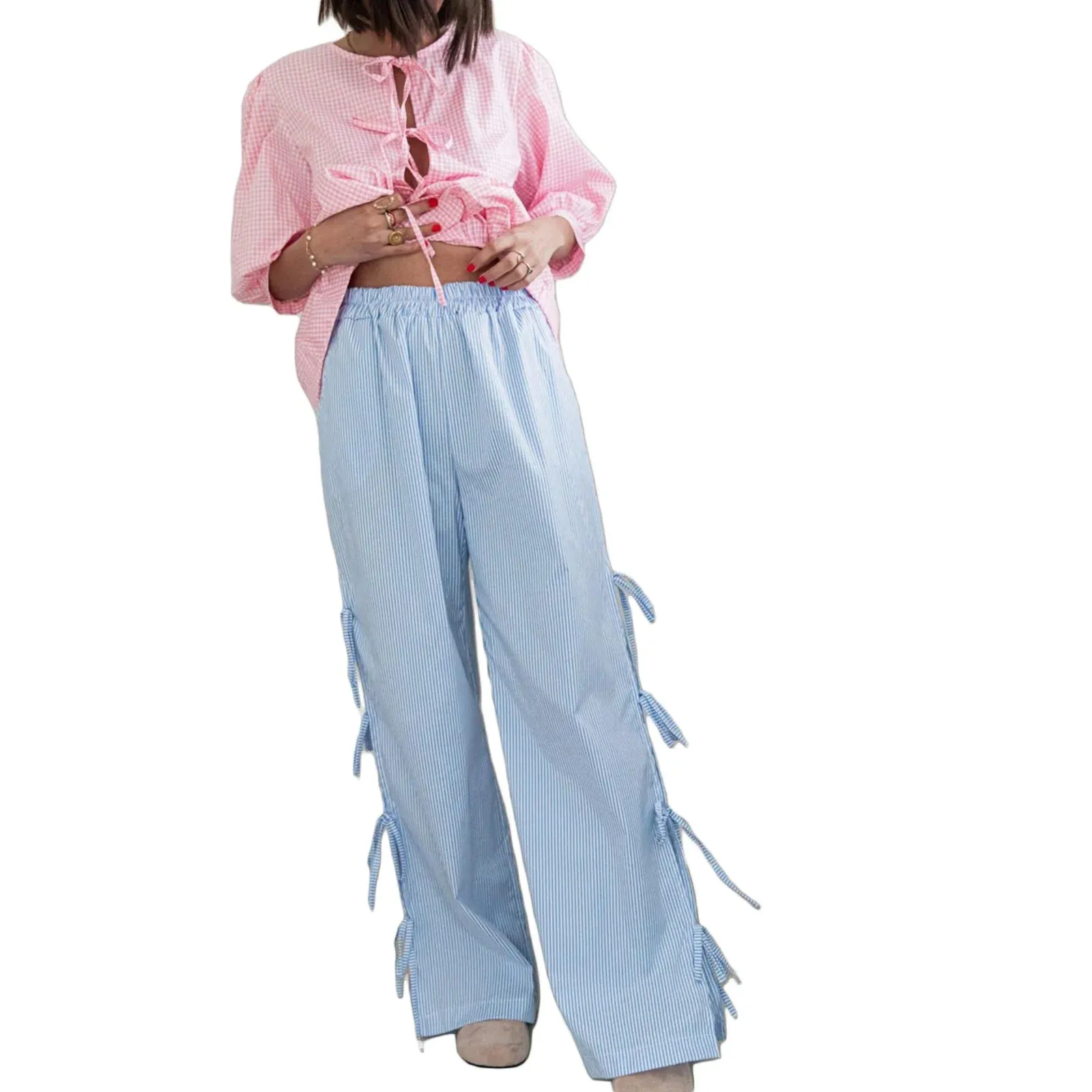 Plaid Stripe Tie-Up Wide-Leg Straight Vintage Lounge Y2K Pants