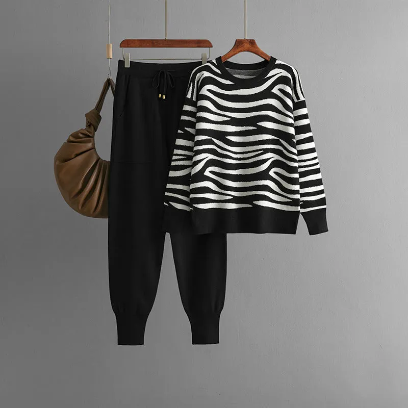 Pre Order:  Zebra Striped Knitted Top Pants Casual Set