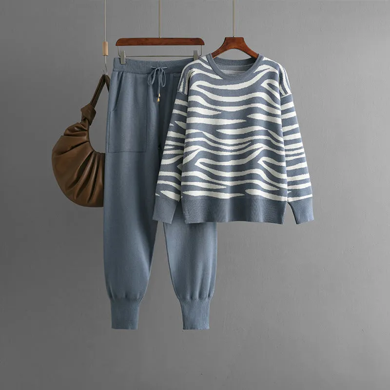 Pre Order:  Zebra Striped Knitted Top Pants Casual Set