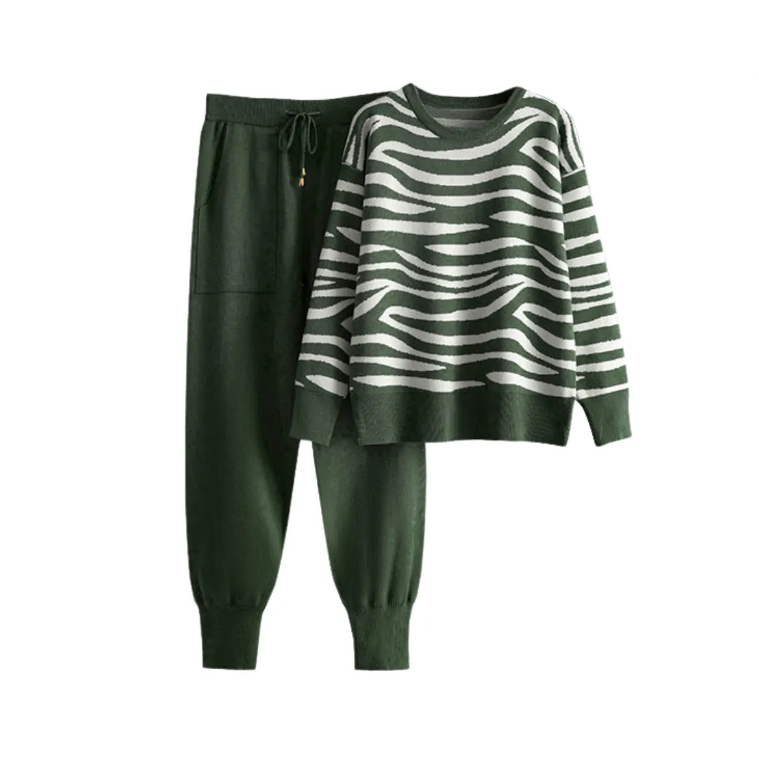 Pre Order:  Zebra Striped Knitted Top Pants Casual Set