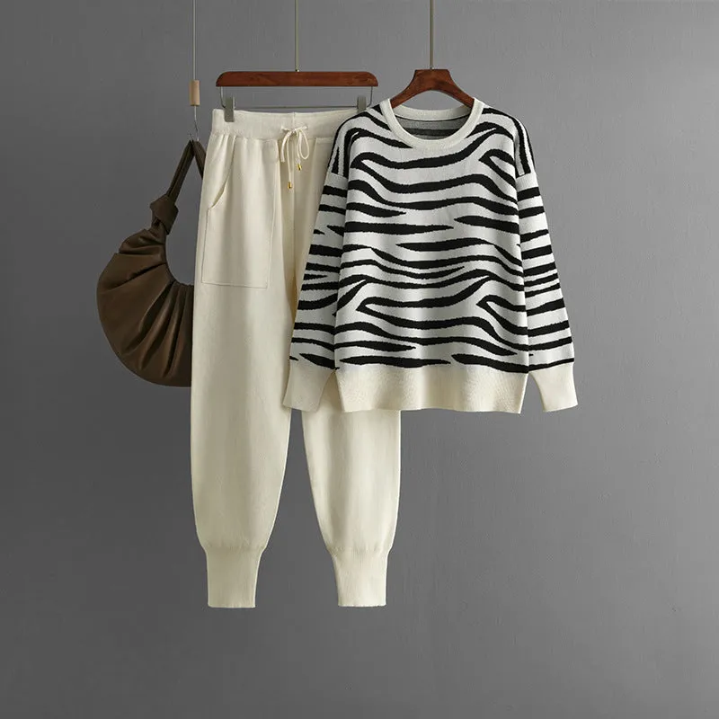 Pre Order:  Zebra Striped Knitted Top Pants Casual Set