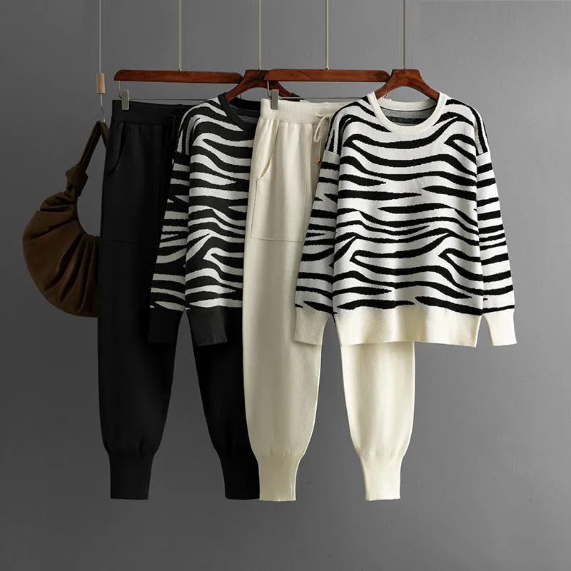 Pre Order:  Zebra Striped Knitted Top Pants Casual Set