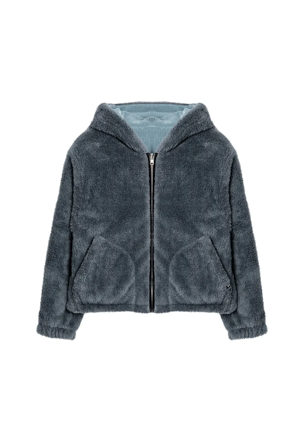 Reversible fleece crop hood zip-up charcoal   blue