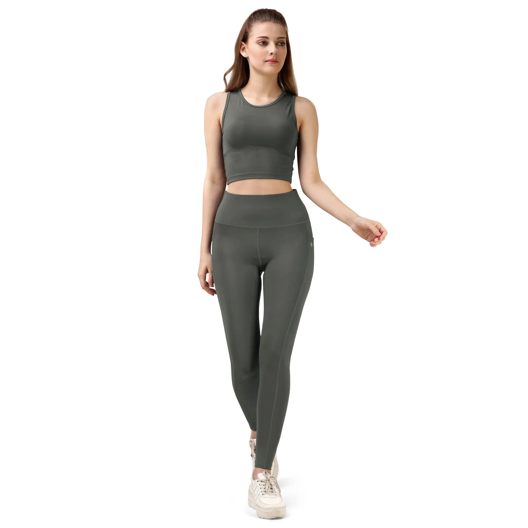 Set of Sleeveless Sports Crop Top and High Waist Ankle Length Sports Leggings With Pockets Set AT-5 - AT-2