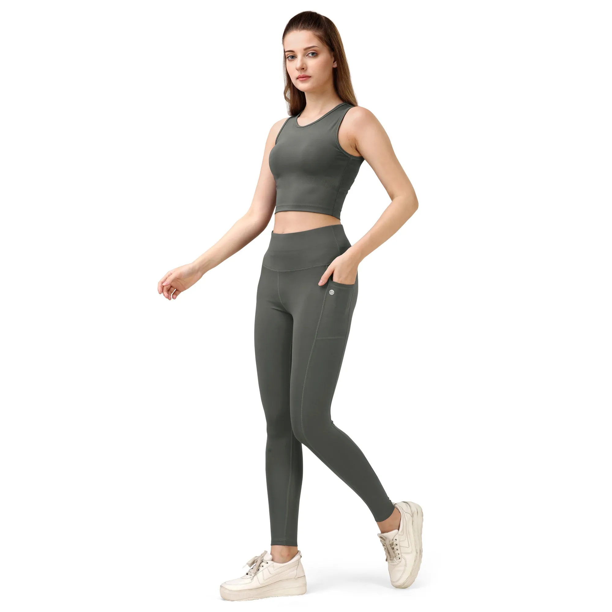 Set of Sleeveless Sports Crop Top and High Waist Ankle Length Sports Leggings With Pockets Set AT-5 - AT-2