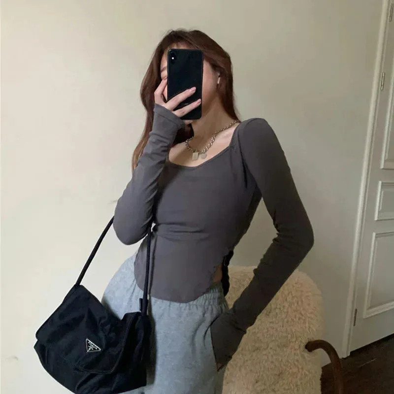 Sexy Asymmetrical Side Split Long Sleeve Tee