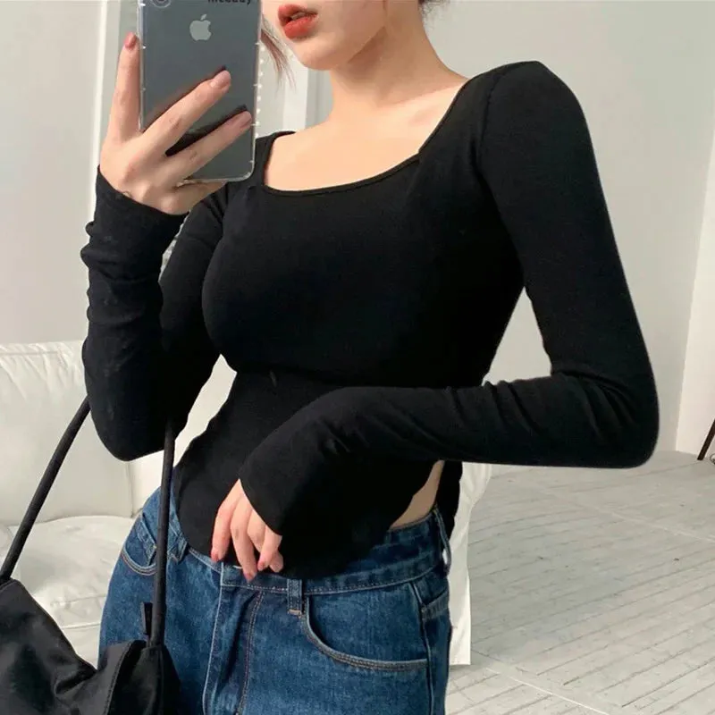 Sexy Asymmetrical Side Split Long Sleeve Tee