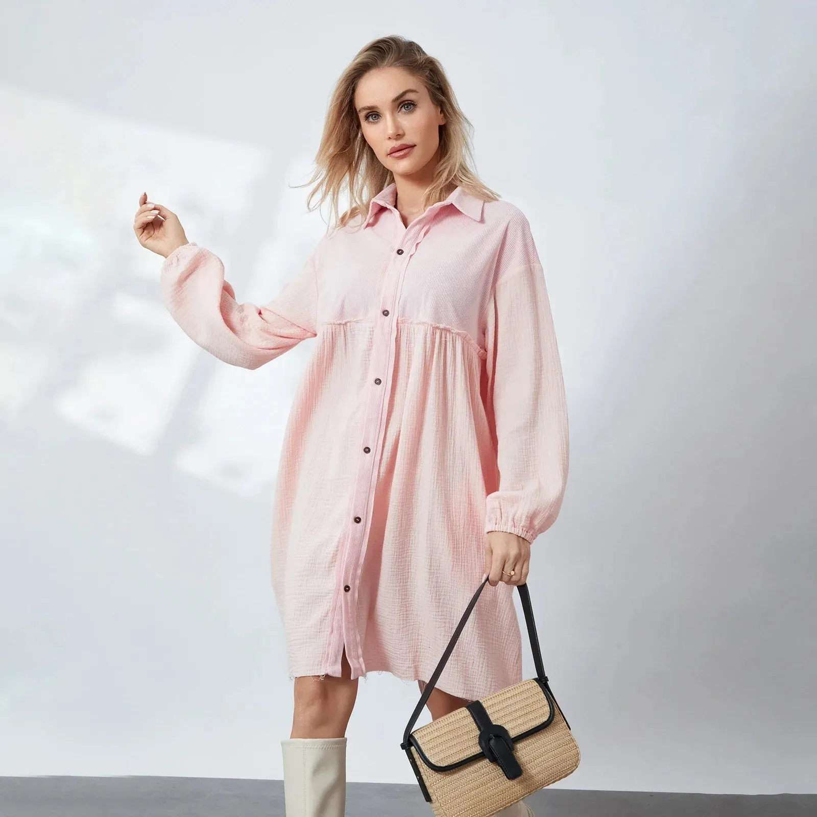 Shirt Long Sleeve Turn-Down Collar Loose Casual Knee Length Summer Fashion Dress