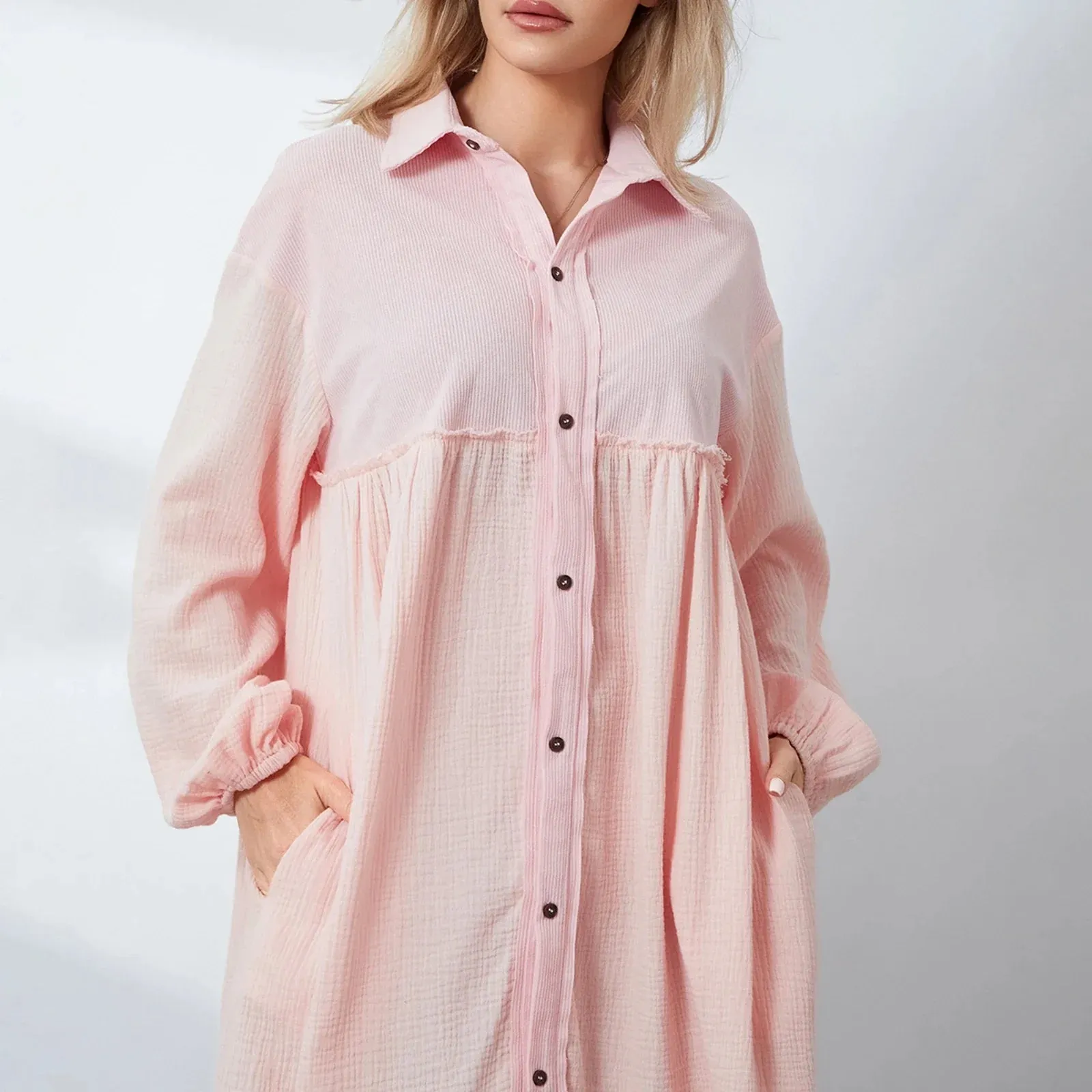 Shirt Long Sleeve Turn-Down Collar Loose Casual Knee Length Summer Fashion Dress