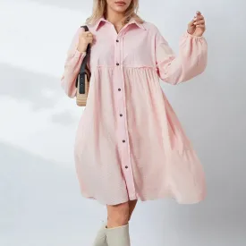 Shirt Long Sleeve Turn-Down Collar Loose Casual Knee Length Summer Fashion Dress