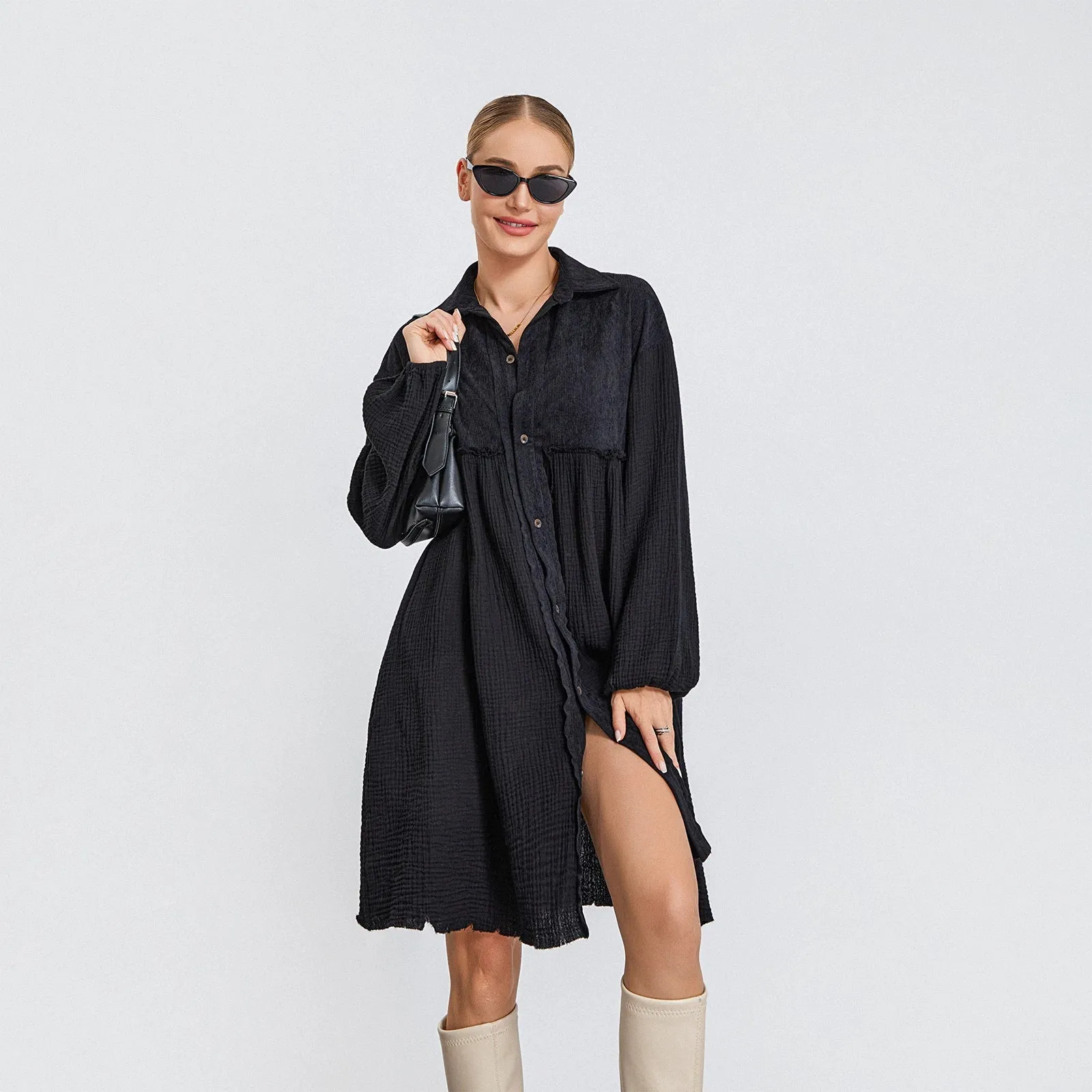 Shirt Long Sleeve Turn-Down Collar Loose Casual Knee Length Summer Fashion Dress