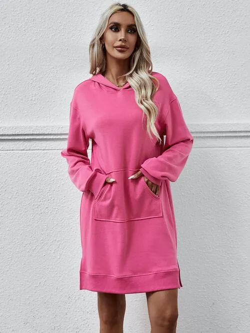 Slit Long Sleeve Hooded Dress with Pocket