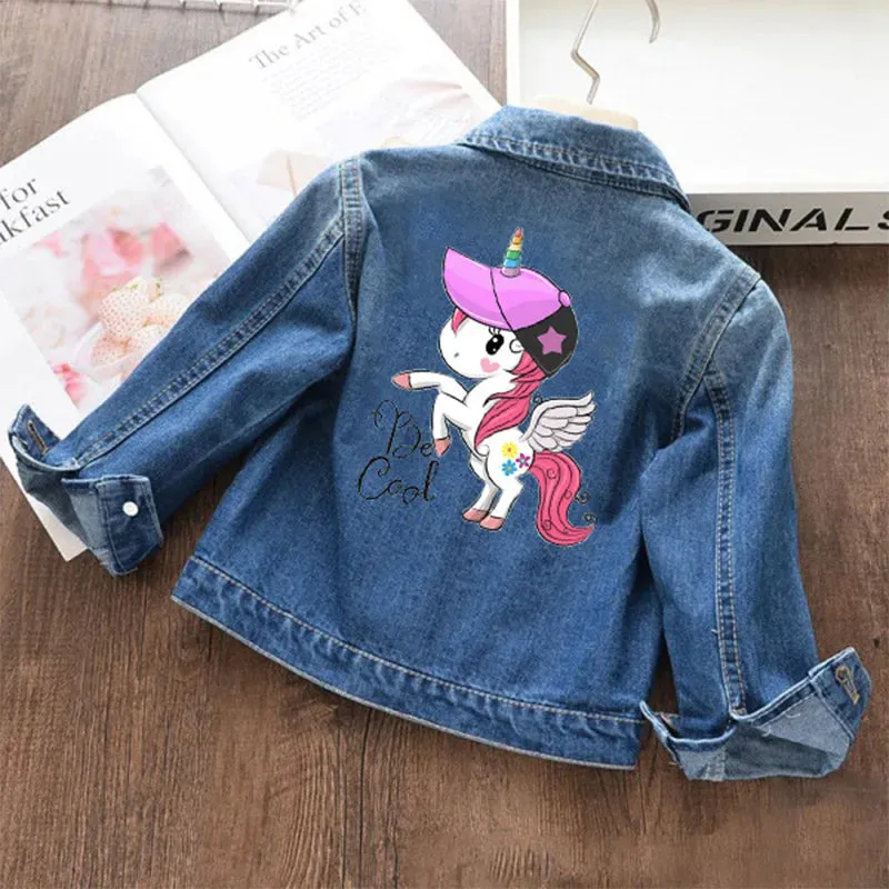 Spring Autumn Girls Denim Jacket Fashion Cartoon Unicorn Windbreaker For 2-8 Years Cotton Children Clothes Baby Kids Outerwear