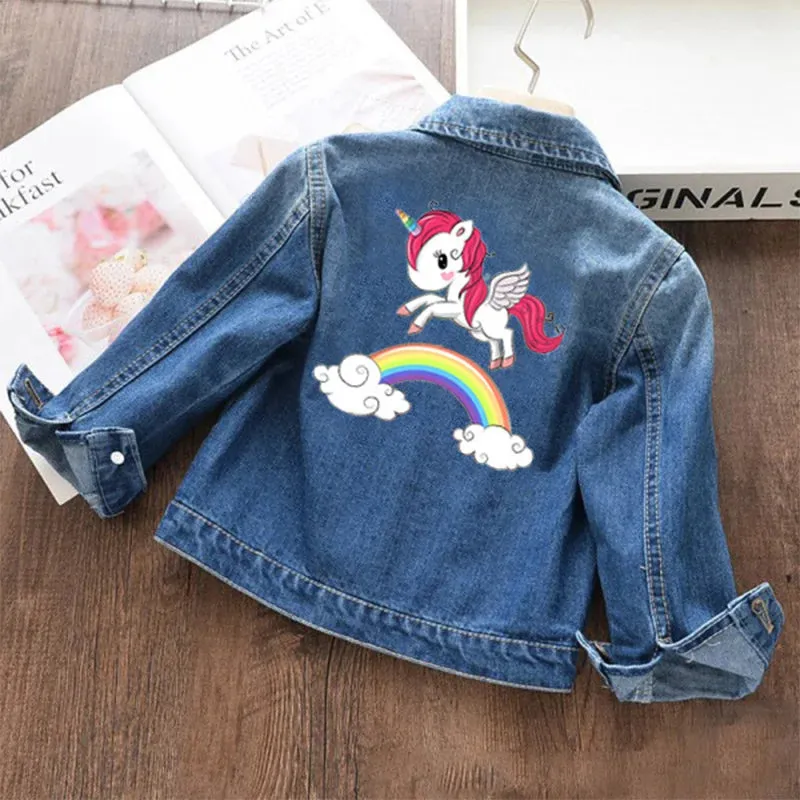 Spring Autumn Girls Denim Jacket Fashion Cartoon Unicorn Windbreaker For 2-8 Years Cotton Children Clothes Baby Kids Outerwear