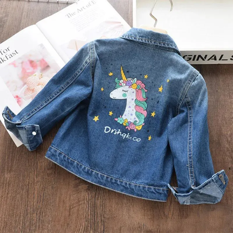 Spring Autumn Girls Denim Jacket Fashion Cartoon Unicorn Windbreaker For 2-8 Years Cotton Children Clothes Baby Kids Outerwear