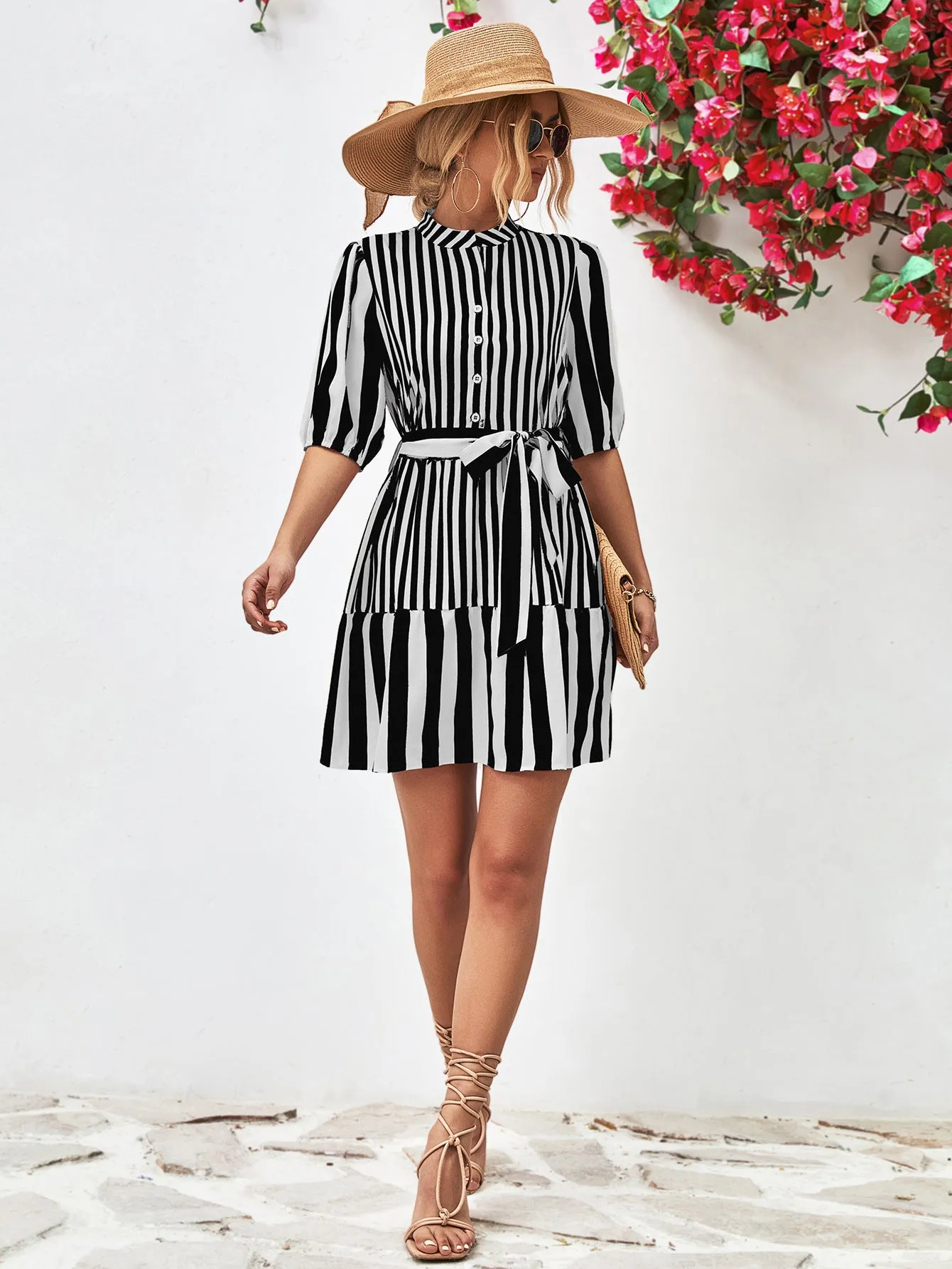 Striped Half Sleeve Tie Waist Mini Dress