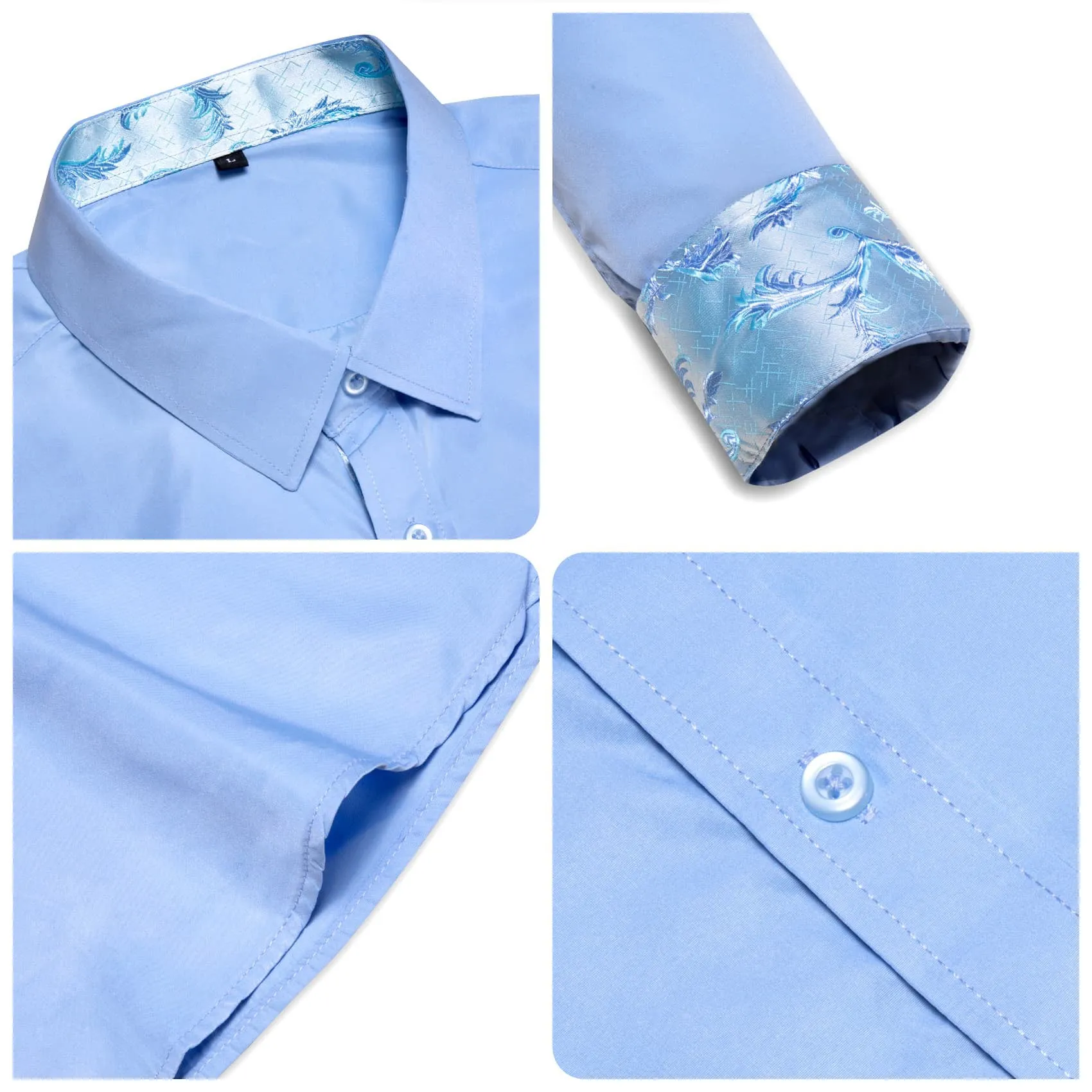 Ties2you Business Shirts Arctic Blue Solid Splicing Floral Button Up Long Sleeve Shirts for Men