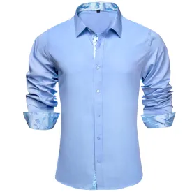 Ties2you Business Shirts Arctic Blue Solid Splicing Floral Button Up Long Sleeve Shirts for Men