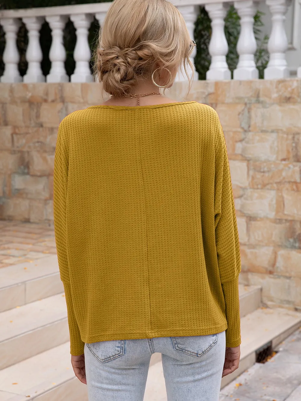 Waffle-Knit Boat Neck Long Sleeve Top