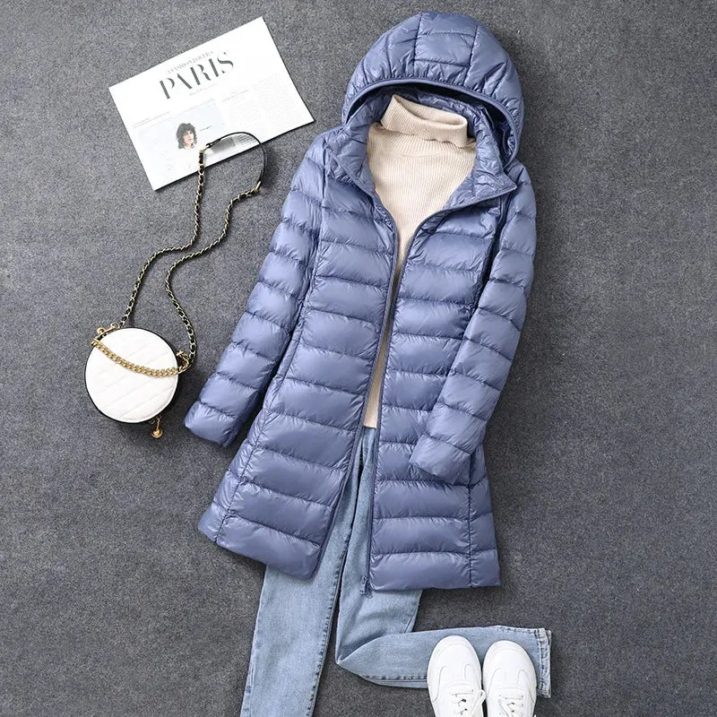 Women's X-long Office Lady Hat Detachable Puffer Jackets 2023 New Arrival Autumn Winter White Duck Down Warm Coat