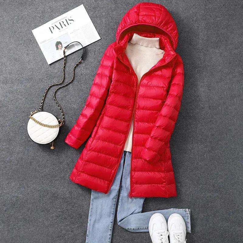 Women's X-long Office Lady Hat Detachable Puffer Jackets 2023 New Arrival Autumn Winter White Duck Down Warm Coat