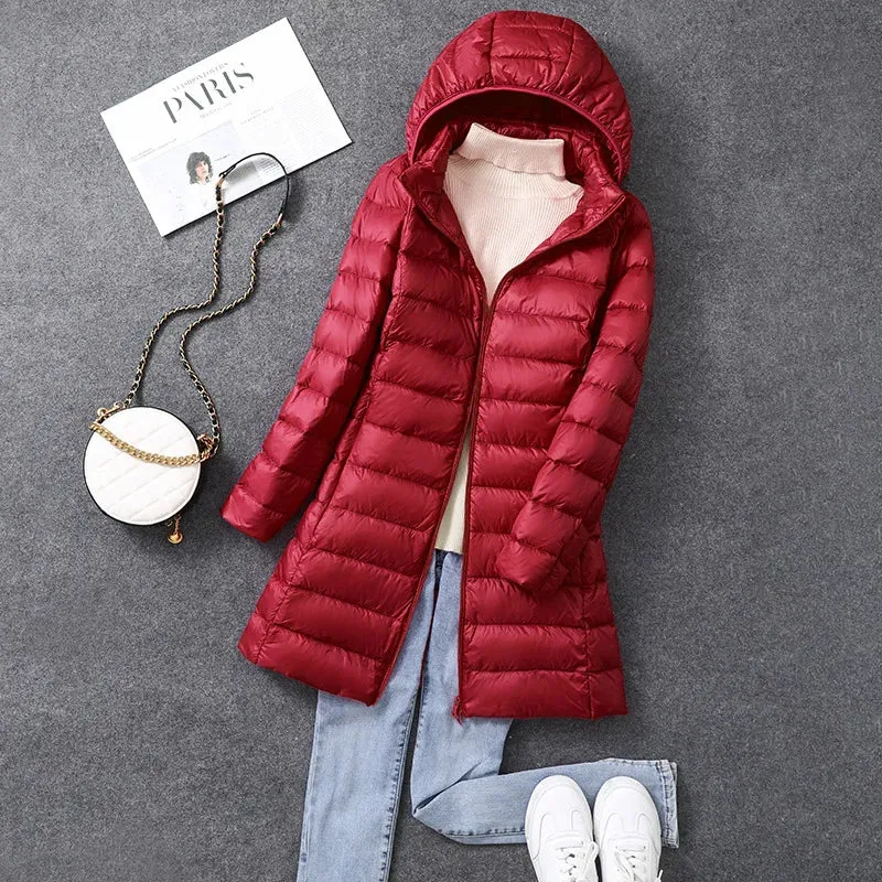 Women's X-long Office Lady Hat Detachable Puffer Jackets 2023 New Arrival Autumn Winter White Duck Down Warm Coat