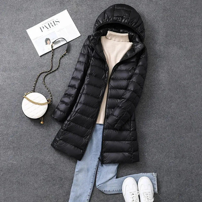 Women's X-long Office Lady Hat Detachable Puffer Jackets 2023 New Arrival Autumn Winter White Duck Down Warm Coat